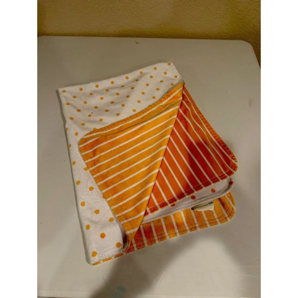 Pottery Barn Kids Dot Stripe Chamois Baby Blanket‎ Orange White Reversible 30x40